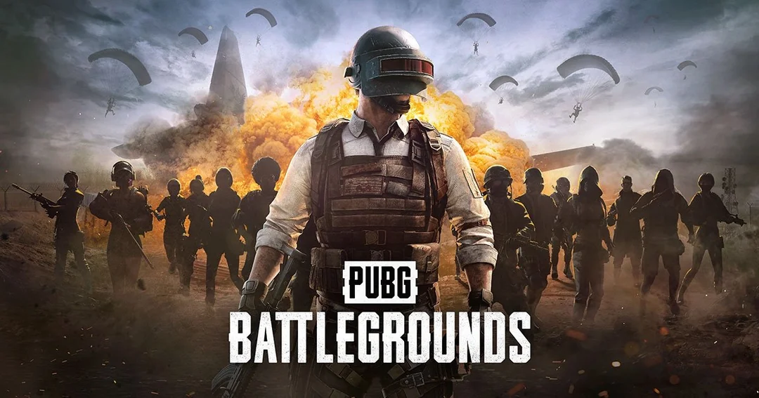 A character in combat gear stands in front of an explosion, with armed figures and parachuting players in the smoky background. The text reads “PUBG BATTLEGROUNDS.”