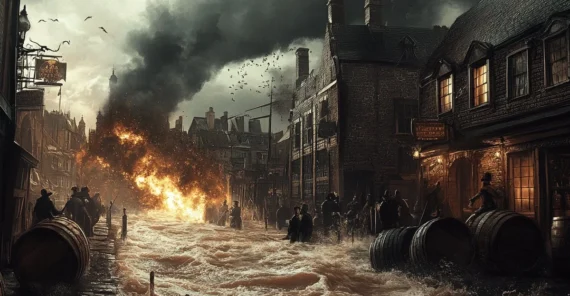 A flooded, old-fashioned city street with rushing water and large barrels floating. People stand on the sidewalks as a massive fire rages in the background under a stormy sky filled with birds.