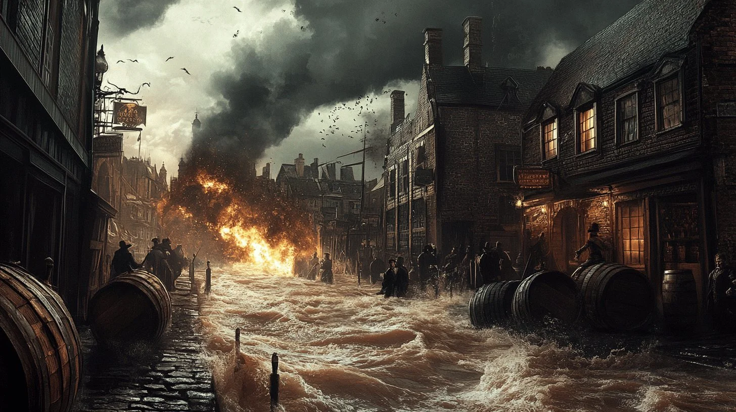 A flooded old city street with people struggling in rushing water, large barrels floating, and a fire raging in the distance under a dark, stormy sky.