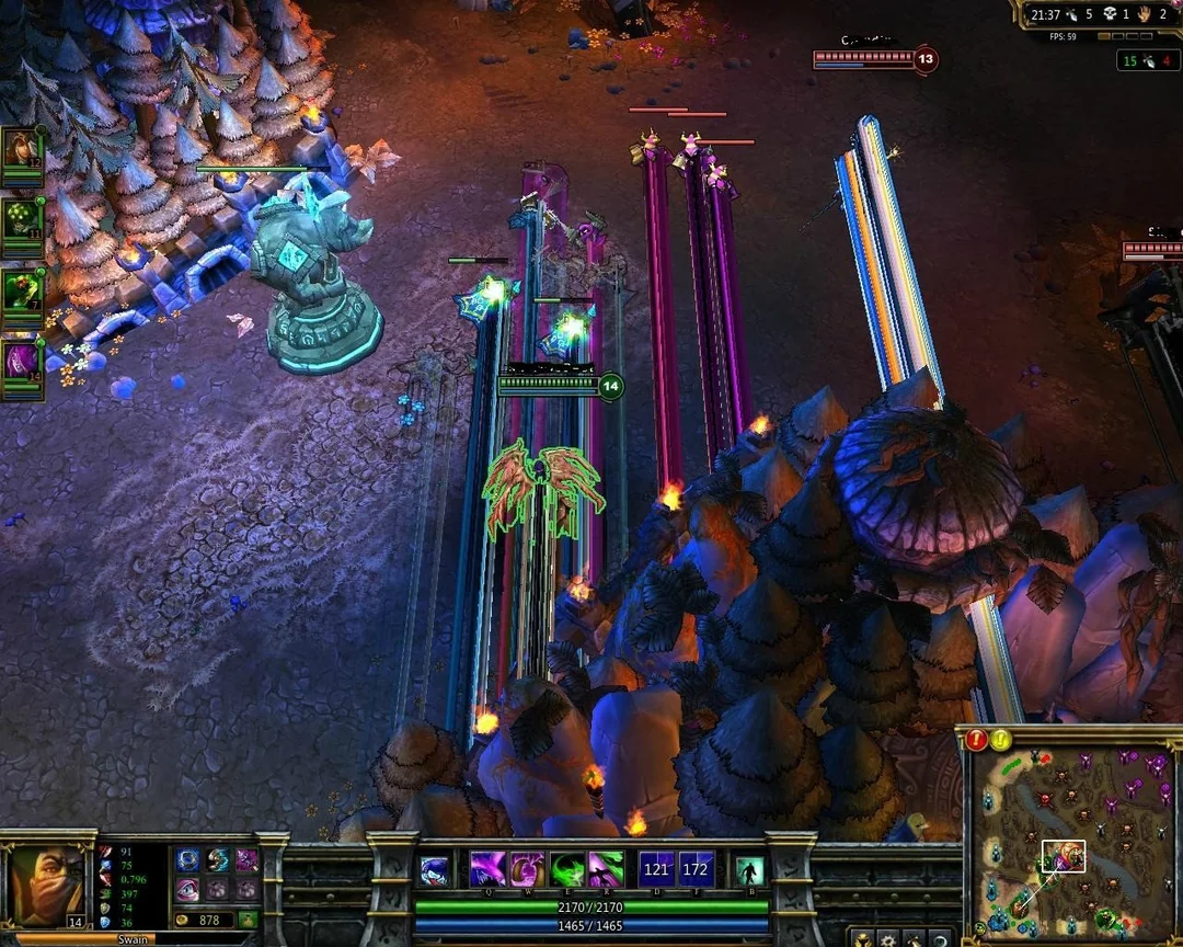 A screenshot from the game League of Legends shows a battle near a turret. Colorful beams indicate active abilities, with player health bars visible above characters on a path surrounded by forest and a minimap in the corner.