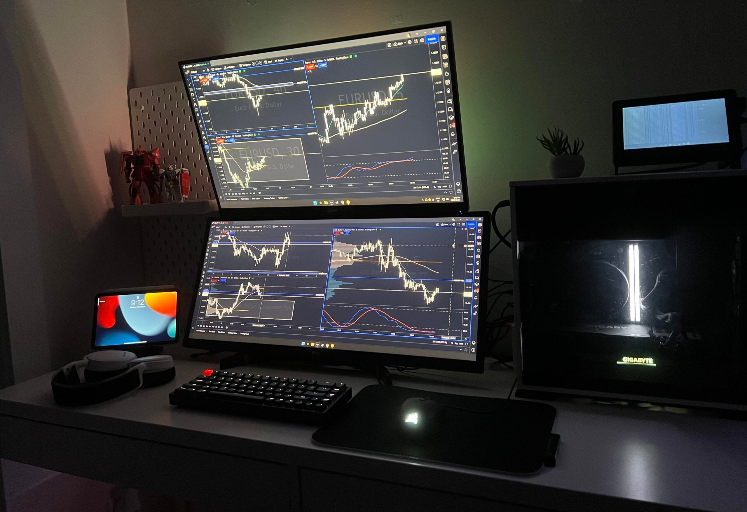 A computer setup with two large monitors displaying financial charts, a desktop PC with a lit interior, keyboard, tablet, VR headset, mouse, small plant, and a small screen on a white desk.