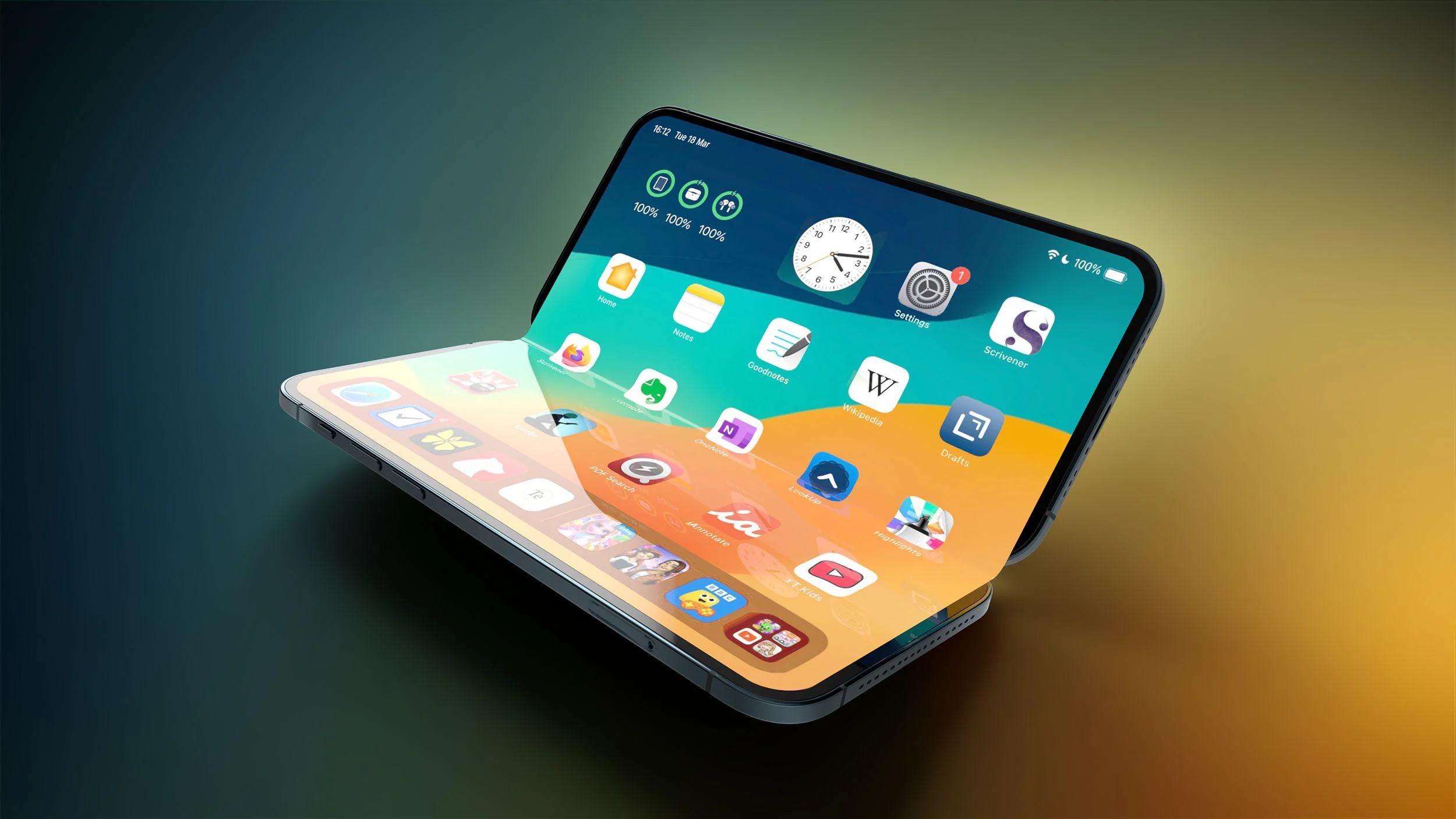 A foldable smartphone is partially open, displaying a bright home screen with various app icons on both the upper and lower halves of the flexible screen against a gradient background.