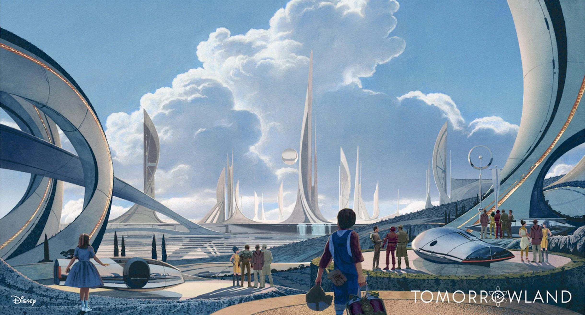 Futuristic cityscape with elegant curved structures, tall spires, floating vehicles, and people walking on pathways under a bright sky with large clouds. The word “Tomorrowland” is in the corner.