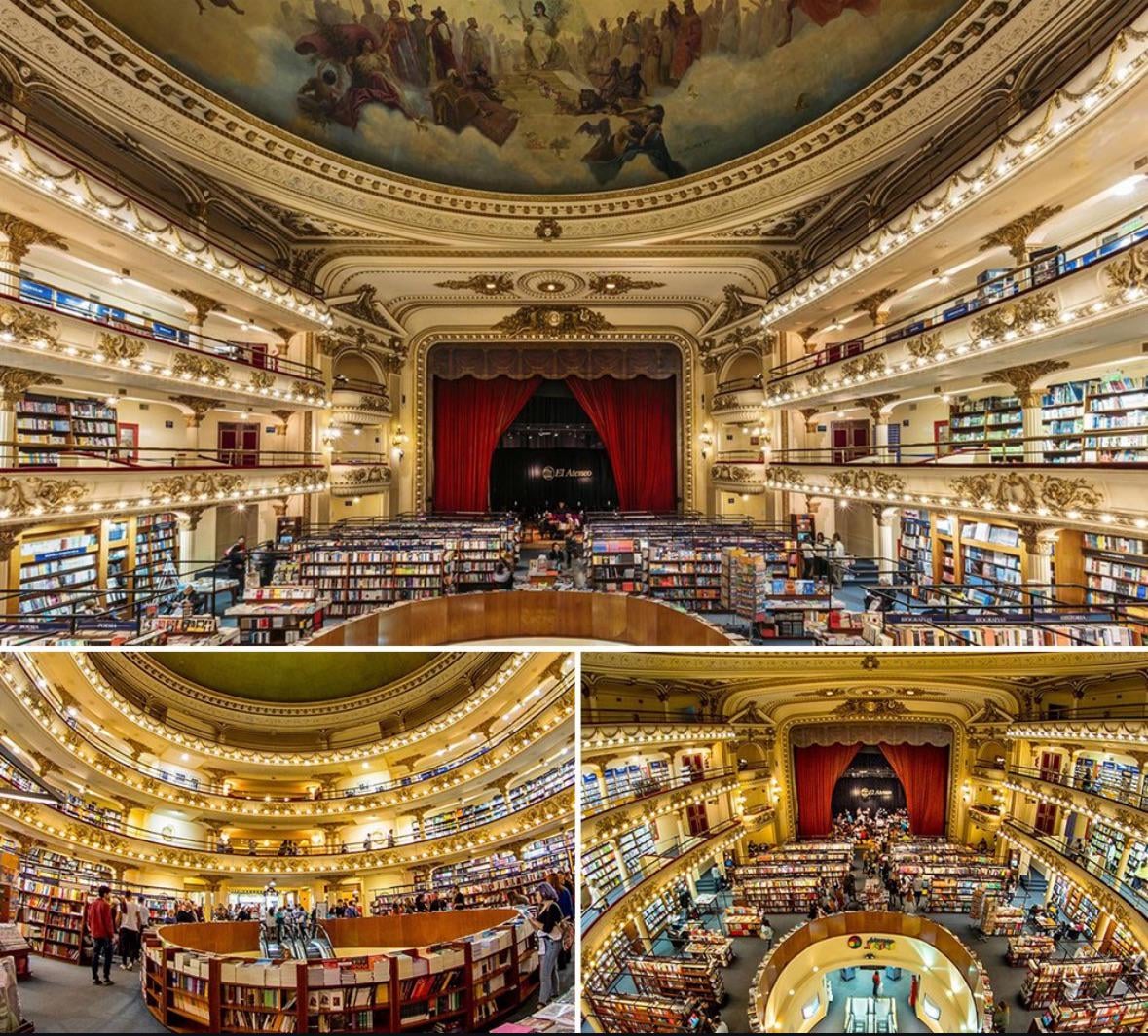 Three images of an ornate, multi-level bookstore in a former theater, featuring shelves of books, balconies, a domed ceiling with a mural, and a stage framed by red curtains. Warm lighting highlights the grand architecture.