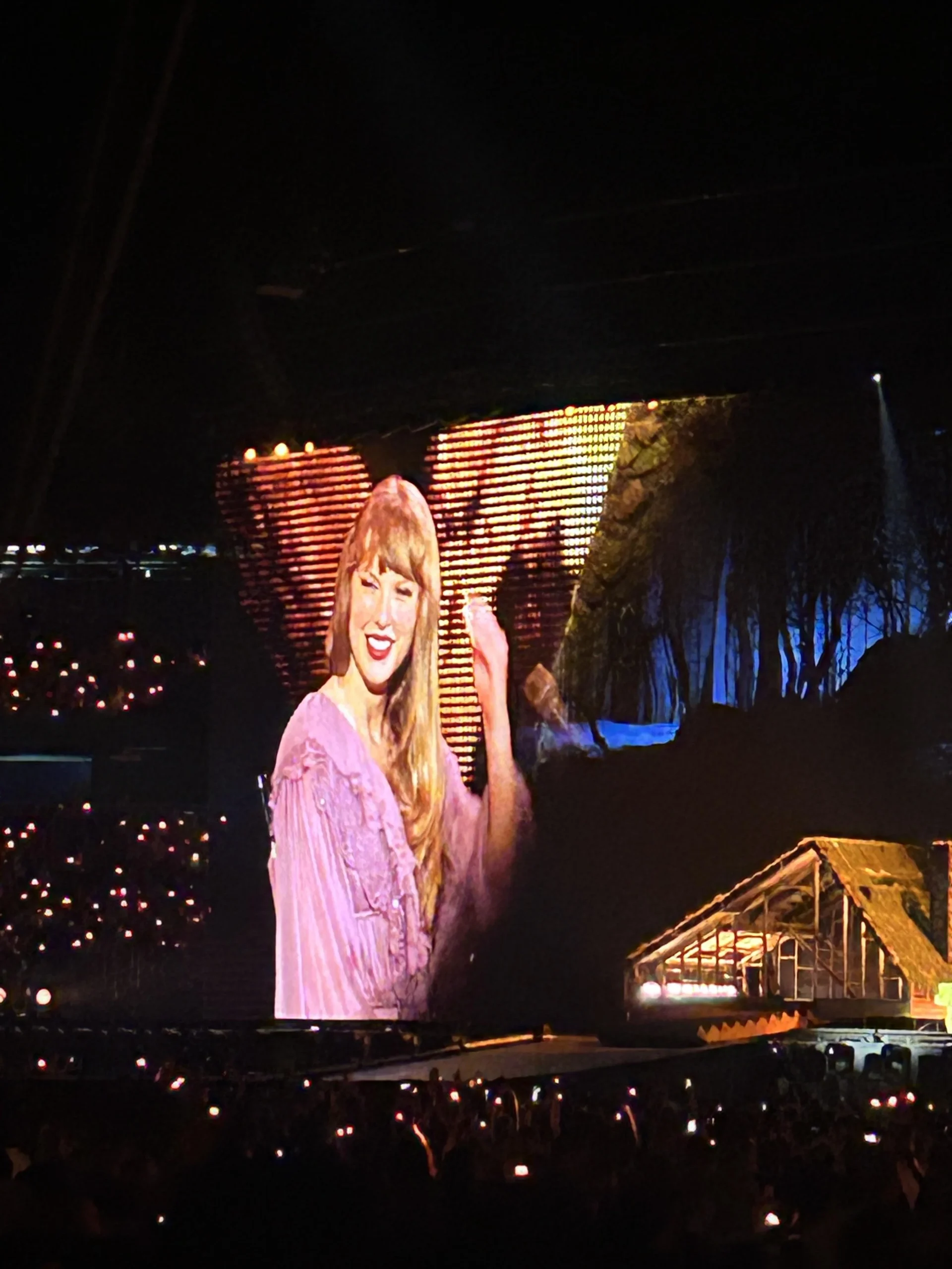 A singer in a lavender outfit smiles and waves on stage, with her image displayed on a large screen behind her. The stage is lit with warm lights, and the audience holds up glowing wristbands.
