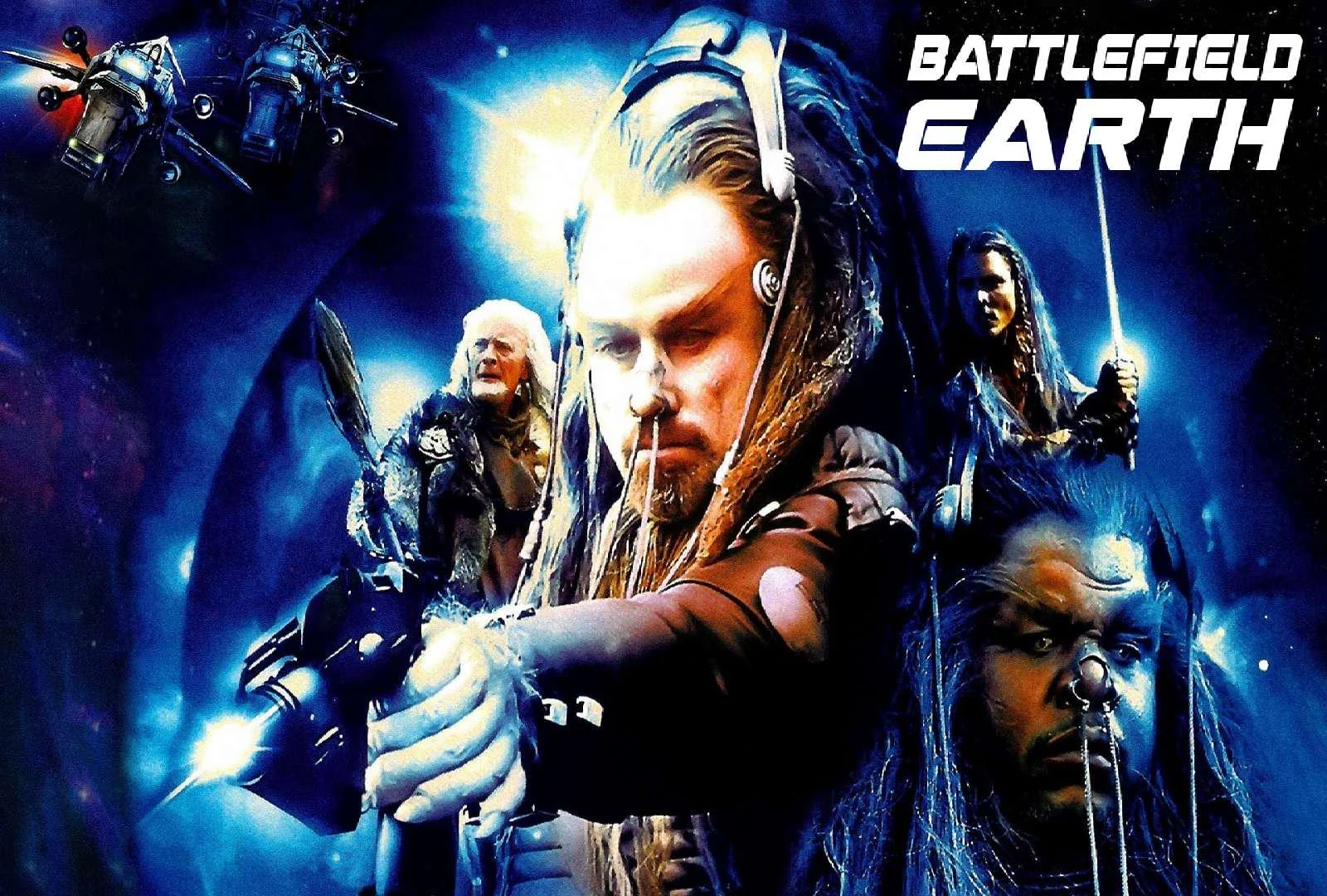 Four alien-like characters with dreadlocks and futuristic gear stand against a blue cosmic background. One points a large weapon forward. Spaceships fly above. The text "BATTLEFIELD EARTH" is in the top right corner.