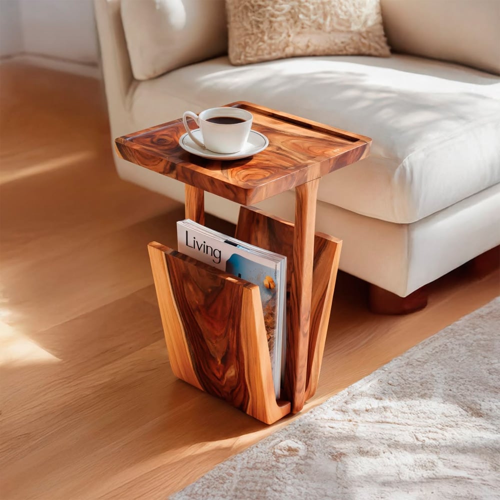 A wooden side table with a cup of coffee on top and magazines stored below, placed on a light wood floor next to a white sofa and a textured rug in a sunlit living room.