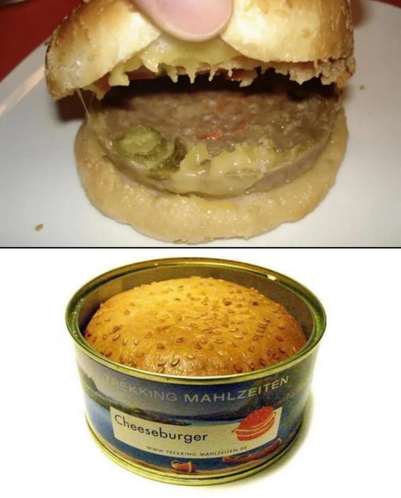 A cheeseburger in a can, shown both inside the can and after being removed, looking unappetizing with soggy bread, congealed cheese, and pickles under the top bun.