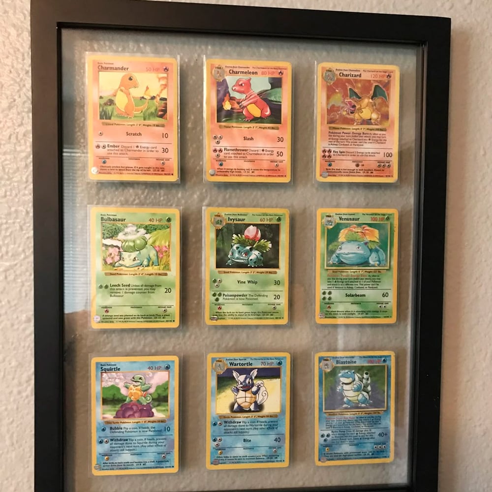 A framed display contains nine original Pokémon cards, arranged in three rows. The cards feature Charmander, Charmeleon, Charizard, Bulbasaur, Ivysaur, Venusaur, Squirtle, Wartortle, and Blastoise.