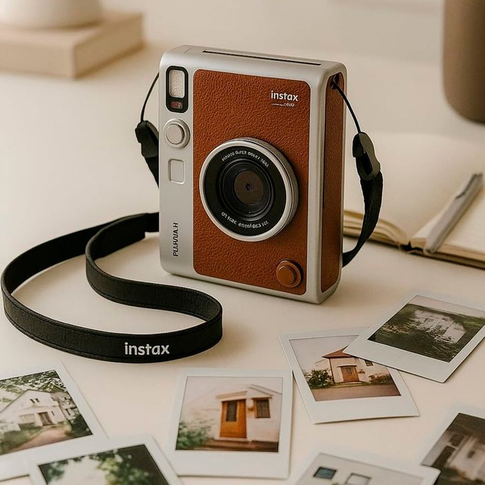 A brown and silver Instax instant camera with a black strap rests on a table, surrounded by several instant photo prints and an open notebook in the background.