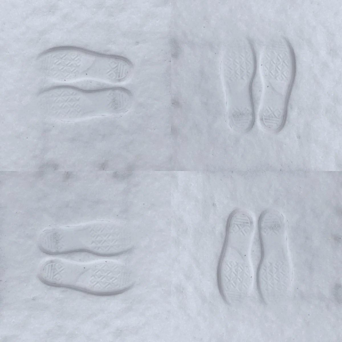 Four pairs of sneaker footprints are pressed into smooth white snow, with each pair having a unique orientation and visible sole patterns. The image is divided into four equal quadrants, each showing one pair.