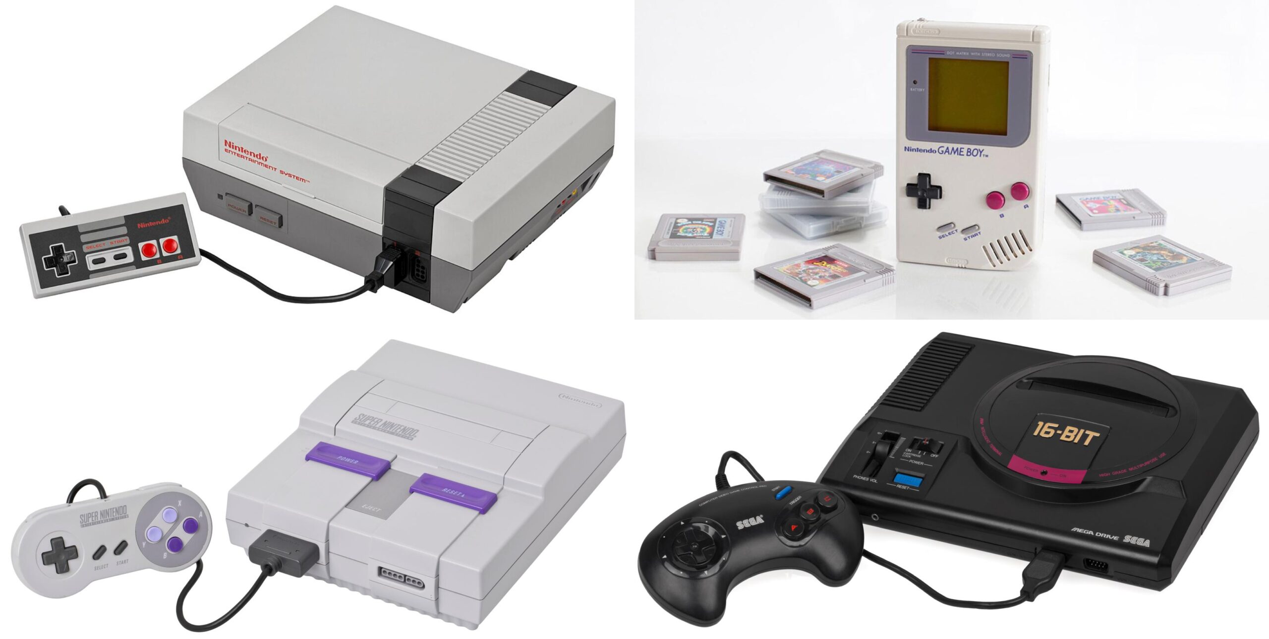 Four classic gaming consoles: a Nintendo Entertainment System with controller, a Game Boy with game cartridges, a Super Nintendo with controller, and a Sega Genesis with controller, all on white backgrounds.