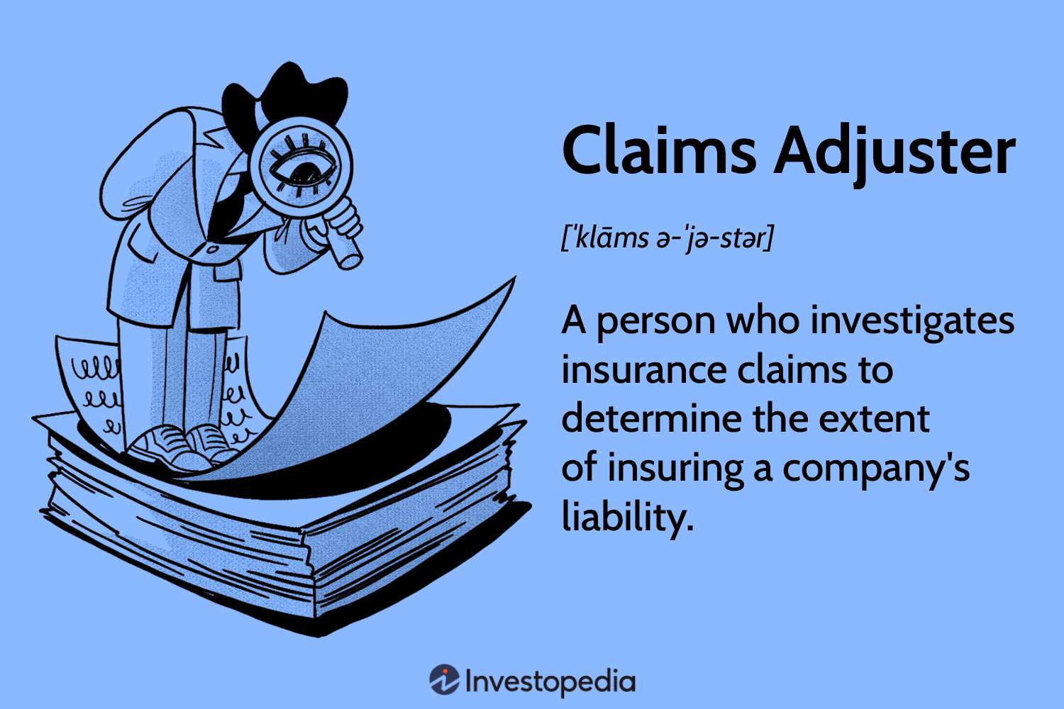 Illustration of a detective examining papers with a magnifying glass, next to text defining "Claims Adjuster" as someone who investigates insurance claims for company liability; Investopedia logo at the bottom.