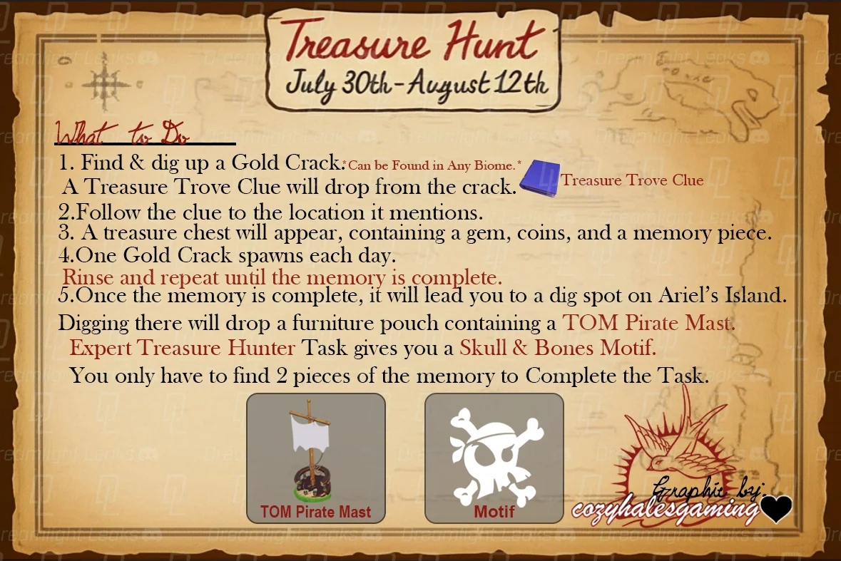 Treasure Hunt event instructions: dig up a gold crack, follow clues, collect treasure chests, and complete tasks. Includes icons for a pirate mast and skull motif, with decorative pirate-themed borders and handwritten notes.