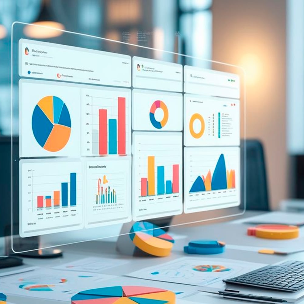 A futuristic office with a transparent digital dashboard displaying colorful pie charts, bar graphs, and line charts. Papers and 3D chart models are on a desk, with a blurred office background.