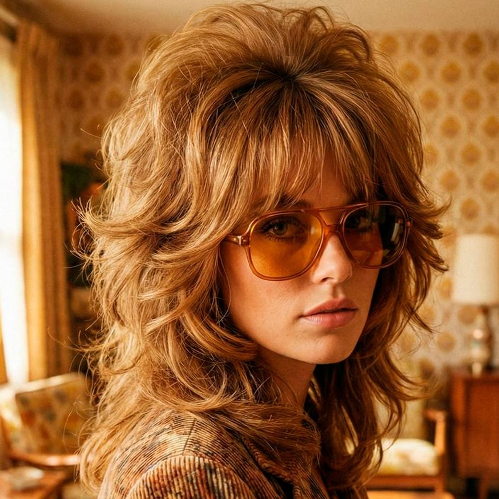 A woman with voluminous, feathered, light brown hair and wearing large, amber-tinted glasses stands in a retro-styled room with patterned wallpaper and vintage furniture.