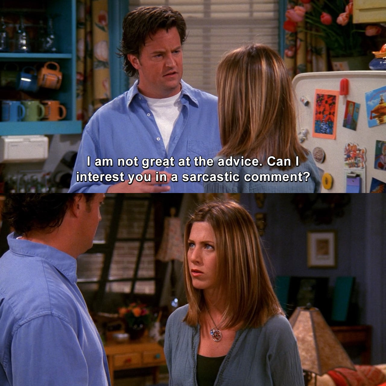 A man and a woman are talking in a colorful kitchen. The man says, “I am not great at the advice. Can I interest you in a sarcastic comment?” The woman looks at him with a confused expression.