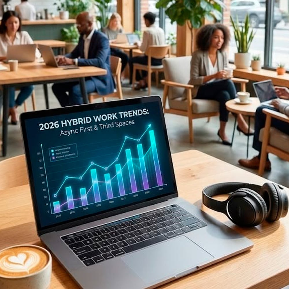 A laptop on a café table displays a graph titled "2026 Hybrid Work Trends." Headphones and a latte are nearby. People work and converse in a modern, bright coffee shop setting.