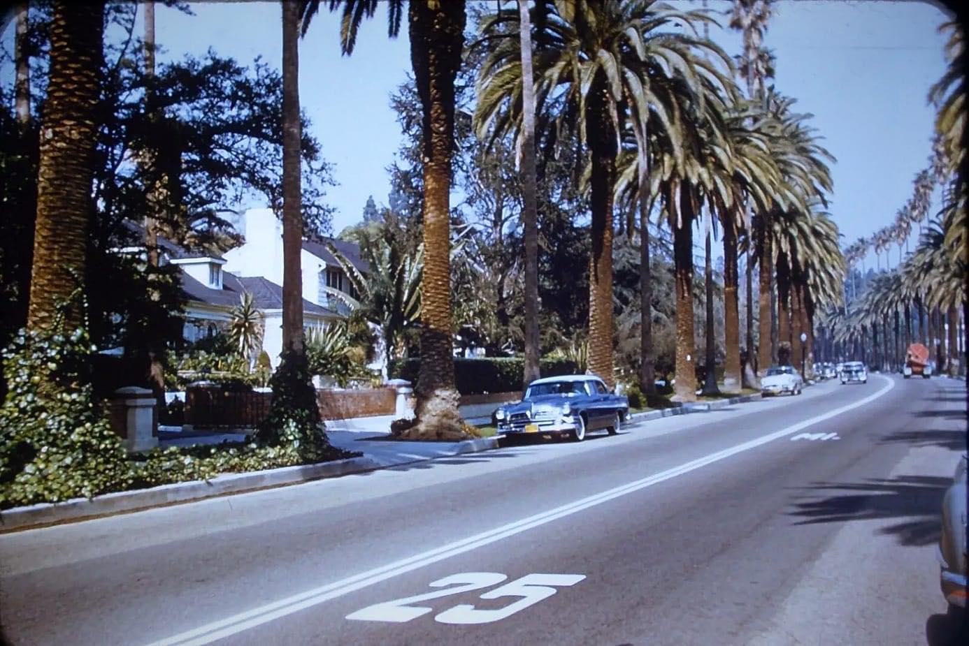 A vintage car drives down a wide street lined with tall palm trees and houses, with a speed limit of 25 painted on the road. The scene is sunny and the street is quiet with little traffic.