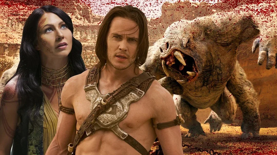 A muscular man in armor stands in front of a dark-haired woman and a large, monstrous creature with sharp teeth, set against a sandy, red-tinted desert background.