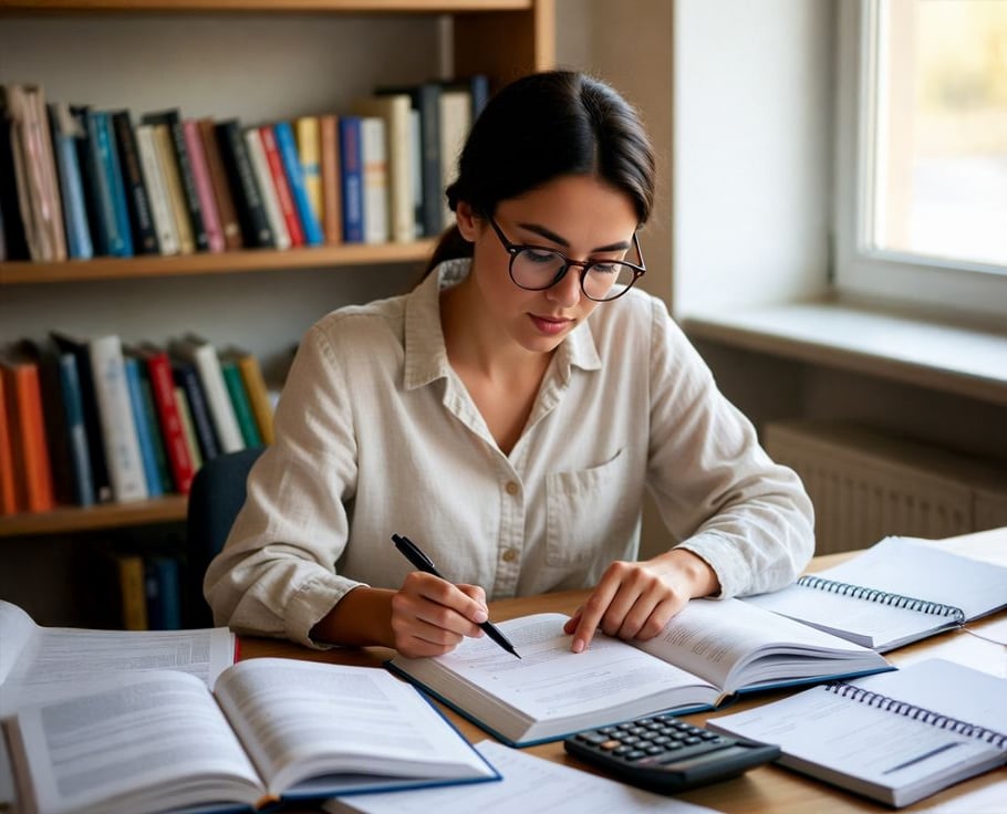 A young woman with glasses studies at a desk covered with open books, notebooks, and a calculator, in a room with bookshelves and a window letting in natural light.