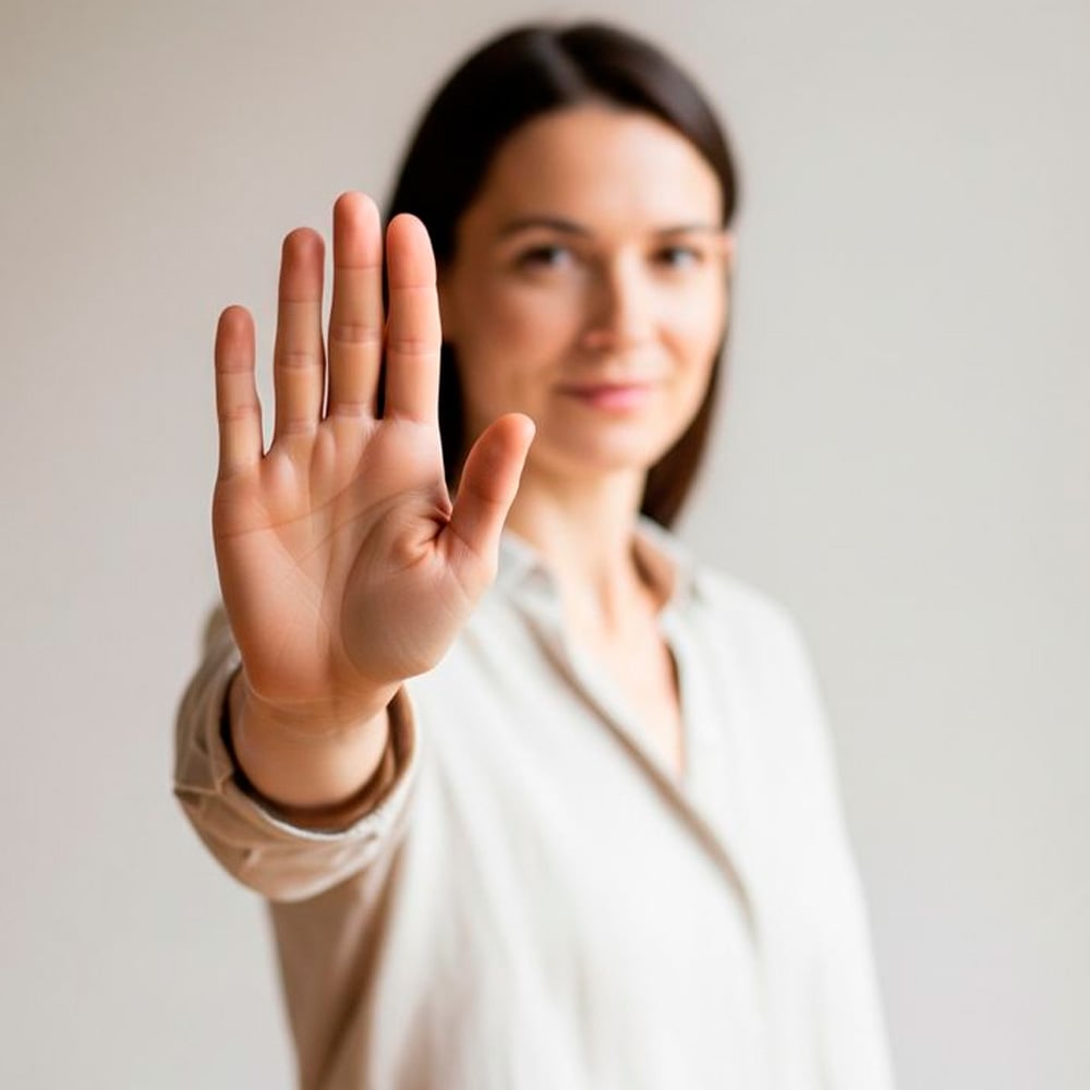 A woman in a light shirt holds her hand up with her palm facing the camera, as if signaling "stop." The background is plain and out of focus.