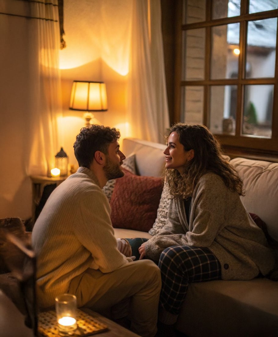 A couple sits closely on a cozy sofa in a warmly lit living room, smiling at each other. Candles and a lamp create a soft, intimate atmosphere near a window with curtains.