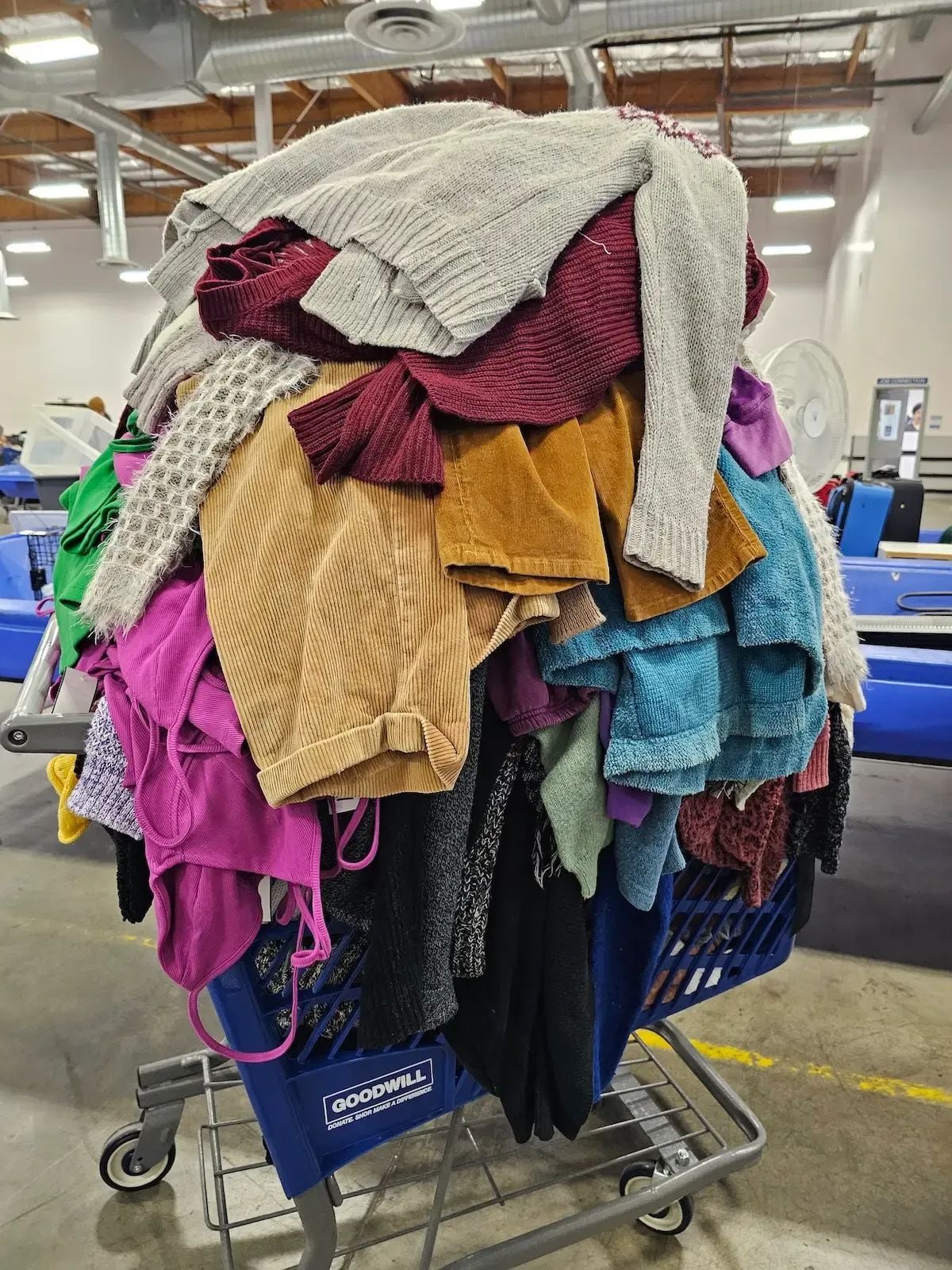 A blue Goodwill shopping cart overflowing with various colorful sweaters and clothing items in a large thrift store with industrial lighting and blue bins in the background.
