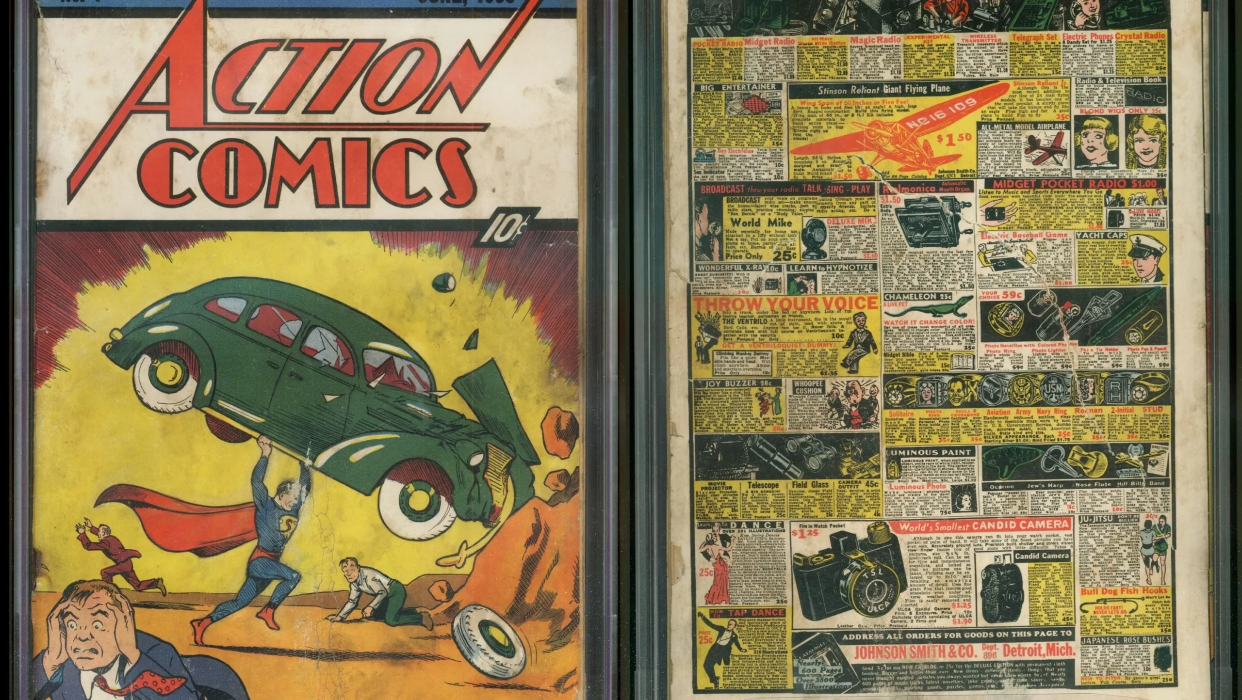 The left side shows the cover of Action Comics #1 with Superman lifting a green car. The right side displays a densely packed, vintage comic book advertisement page with various small ads and illustrations.