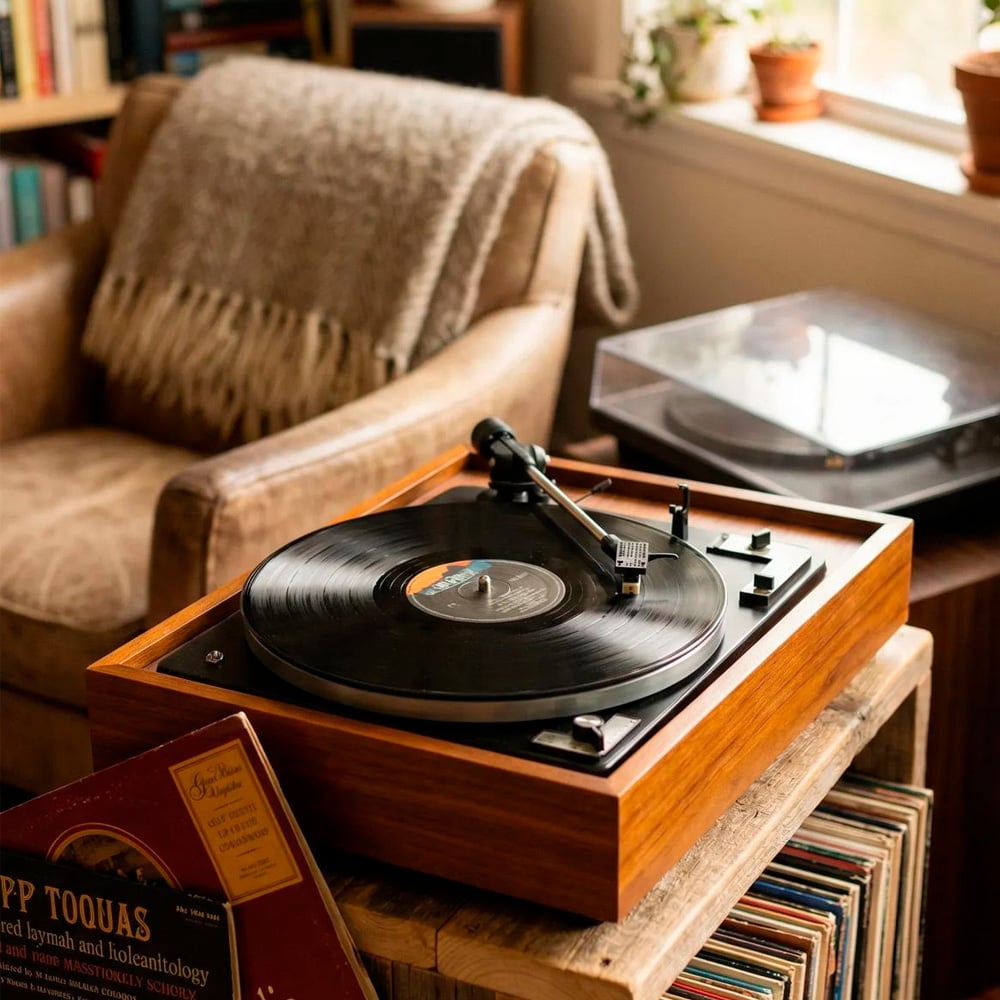 A vintage wooden record player with a vinyl spinning sits on a cabinet filled with records. An armchair draped with a blanket, potted plants, and sunlight from a window create a cozy, nostalgic atmosphere.