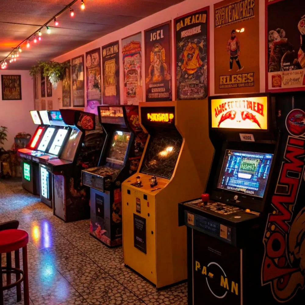 A row of vintage arcade game machines in a retro-themed room with colorful string lights, posters on the wall, and a red stool on a tiled floor.