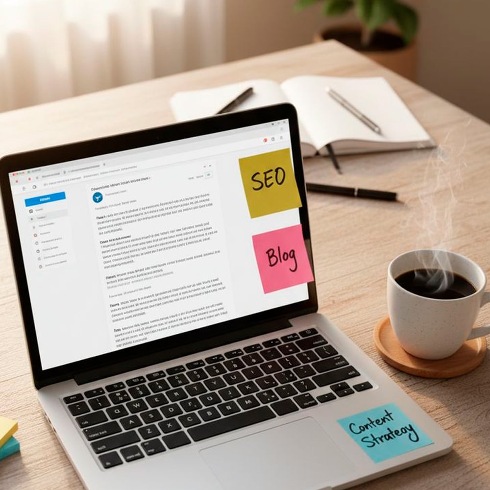 A laptop on a wooden desk displays a blog editor screen. Post-it notes labeled "SEO," "Blog," and "Content Strategy" are on the laptop. Nearby are a notebook, pen, and a cup of coffee. Sunlight streams through a window.