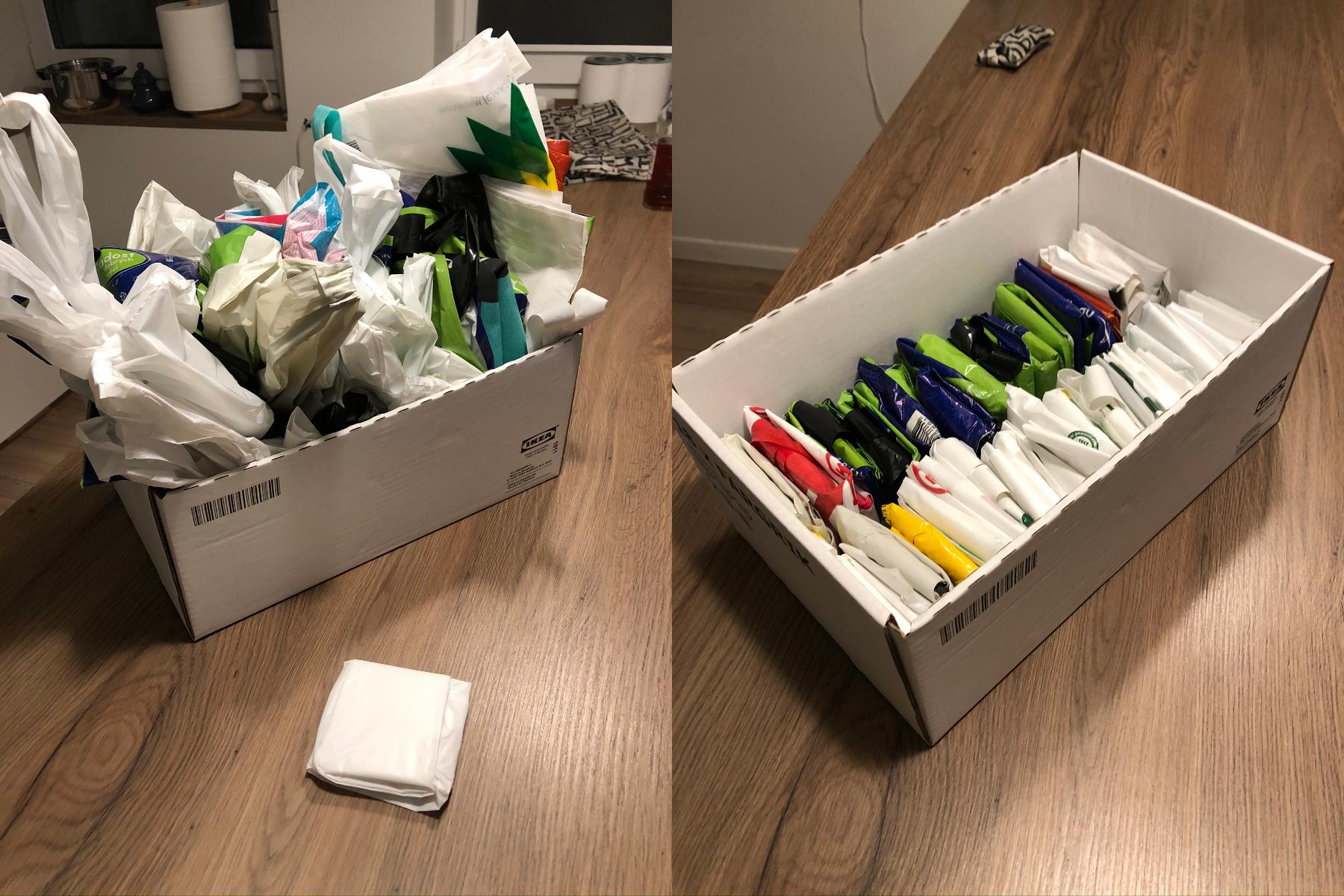 A side-by-side comparison showing a cardboard box overflowing with loosely packed plastic bags on the left, and the same box neatly organized with folded plastic bags on the right.