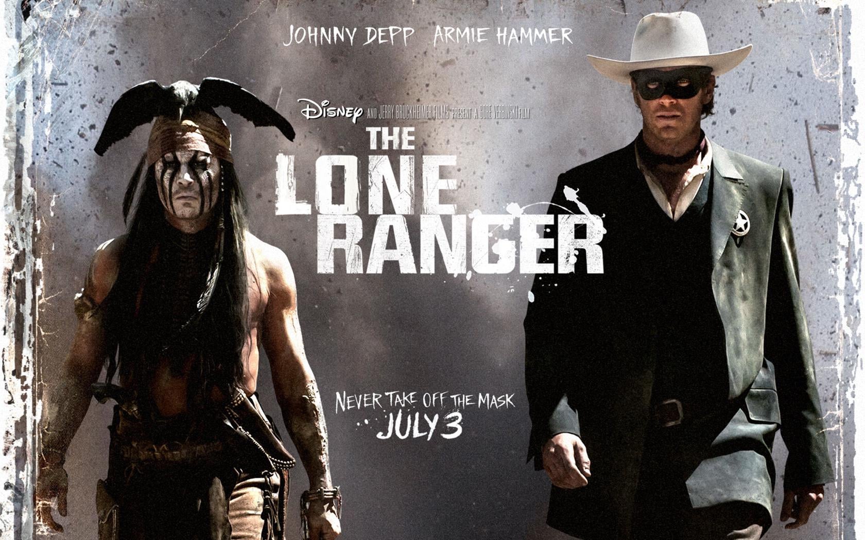 Movie poster for "The Lone Ranger" featuring two men: one in Native American attire with face paint and a headpiece, and the other in a black suit, white hat, and mask. Text includes the title, actors' names, and July 3 release date.