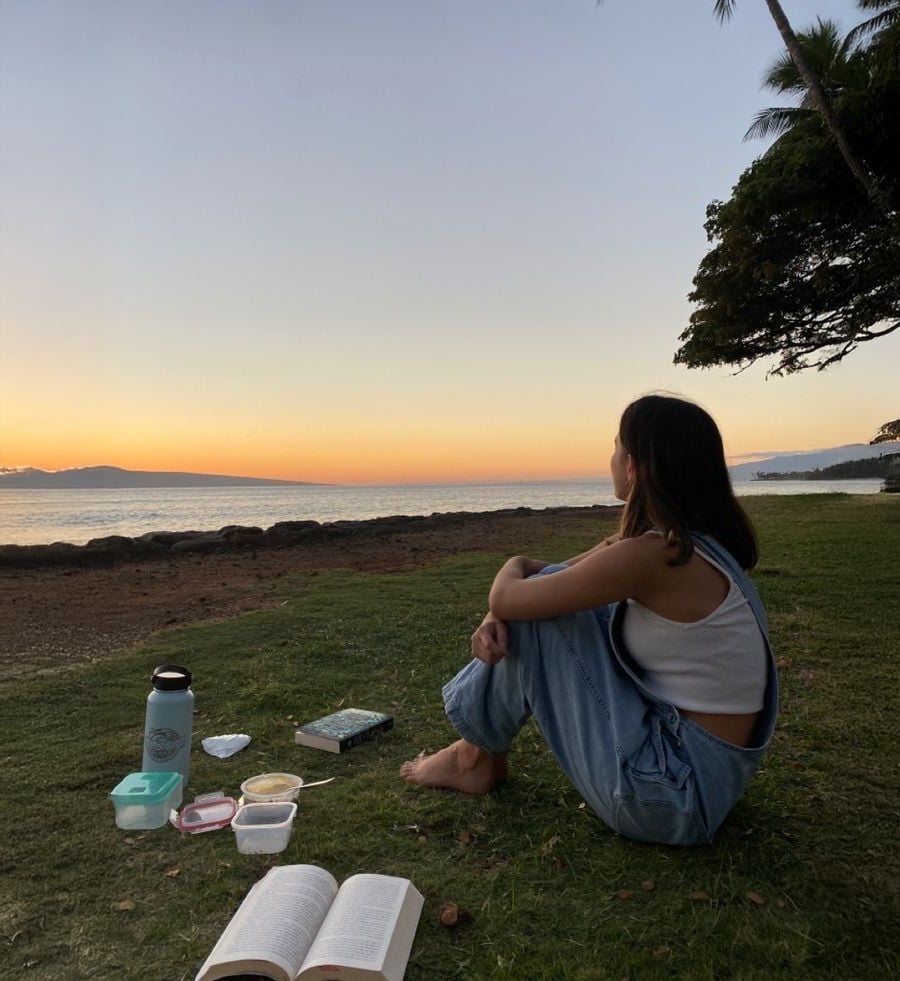 A woman sits on grass by the ocean at sunset, looking at the water. She is barefoot, wearing overalls, and surrounded by snacks, a book, and a thermos. The sky is orange and blue, with trees framing the scene.