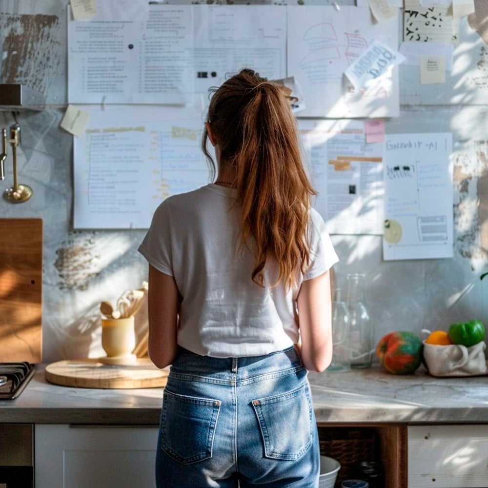 A woman with long brown hair in a ponytail stands in a kitchen, facing a wall covered with papers, notes, and diagrams. Fruits and kitchen items are visible on the counter in sunlight.