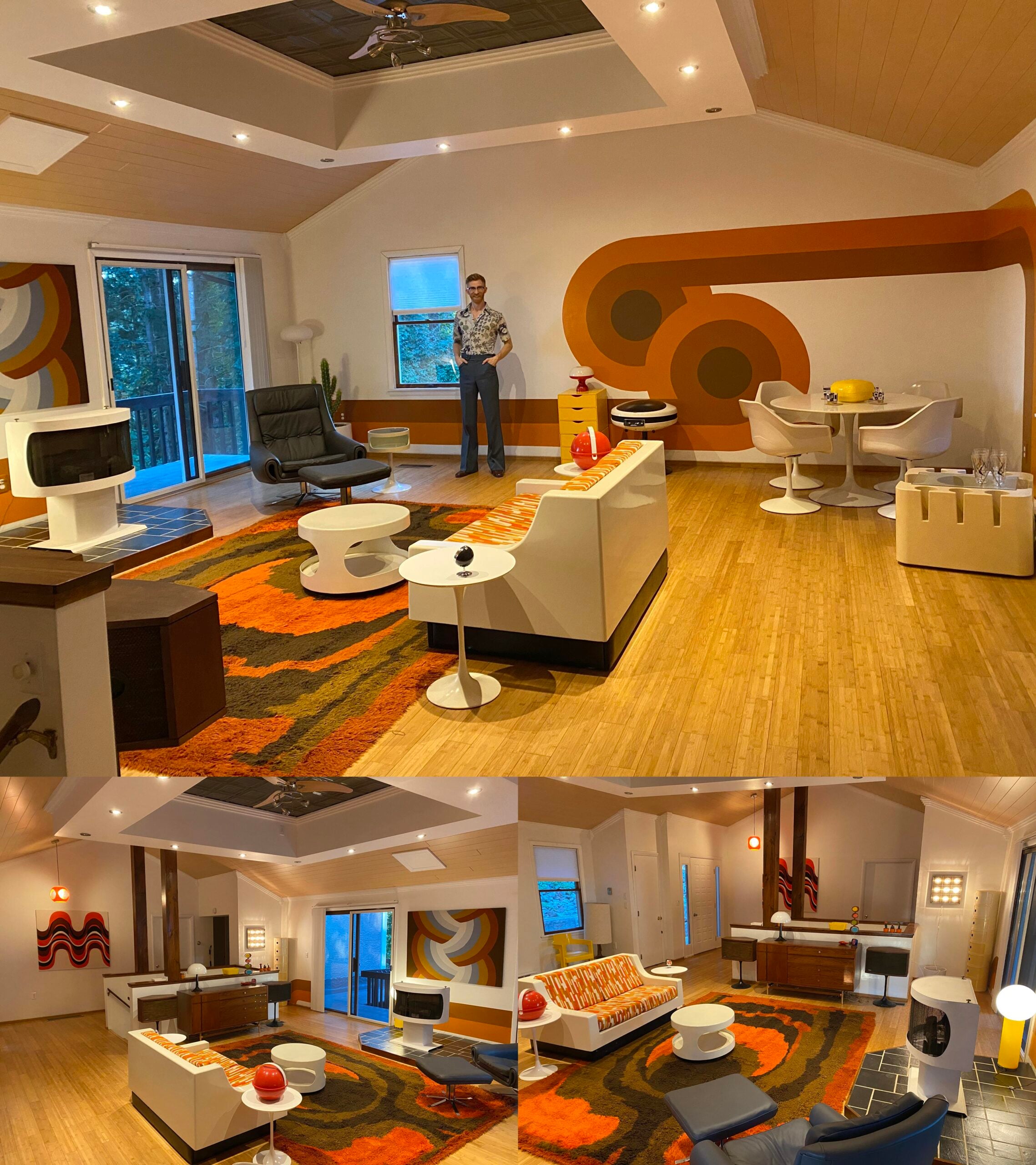 A mid-century modern living room with retro orange and brown decor, geometric wall art, vintage furniture, a sunken seating area, and large windows. A person stands in the upper photo, which shows the room from multiple angles.