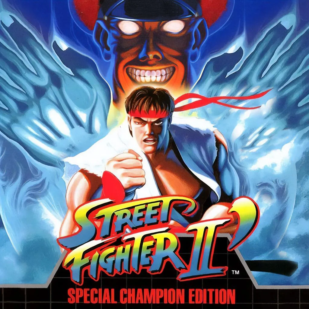 Cover art for Street Fighter II: Special Champion Edition, featuring Ryu in a fighting stance with a red headband, glowing energy effects, and a menacing, shadowy face looming in the background.