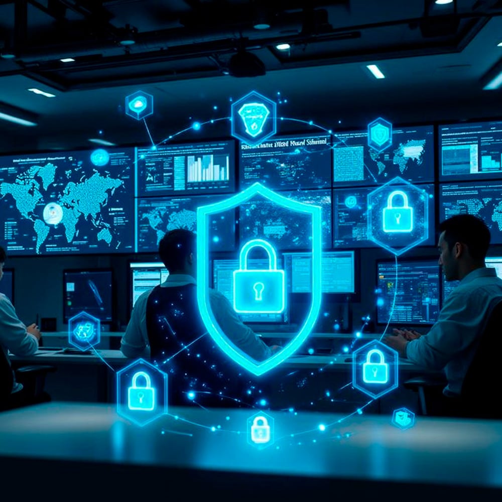 People work at computer desks in a high-tech operations center, with multiple monitors displaying maps and data. A glowing digital shield with padlock icons symbolizes cybersecurity and data protection.