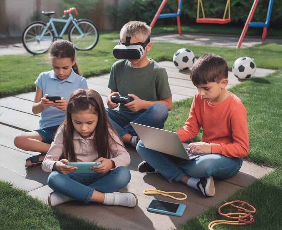 Four children sit on a paved area in a backyard, each using a different device: a tablet, a smartphone, a laptop, and a virtual reality headset. Playground equipment, balls, and a bike are visible in the background.
