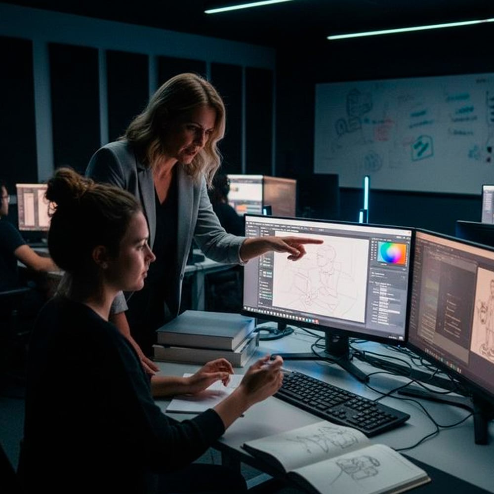 Two women work together at a computer in a dimly lit office. One is seated, drawing digitally, while the other stands beside her, pointing at the screen. Sketches and notes are visible on the desk and whiteboard in the background.