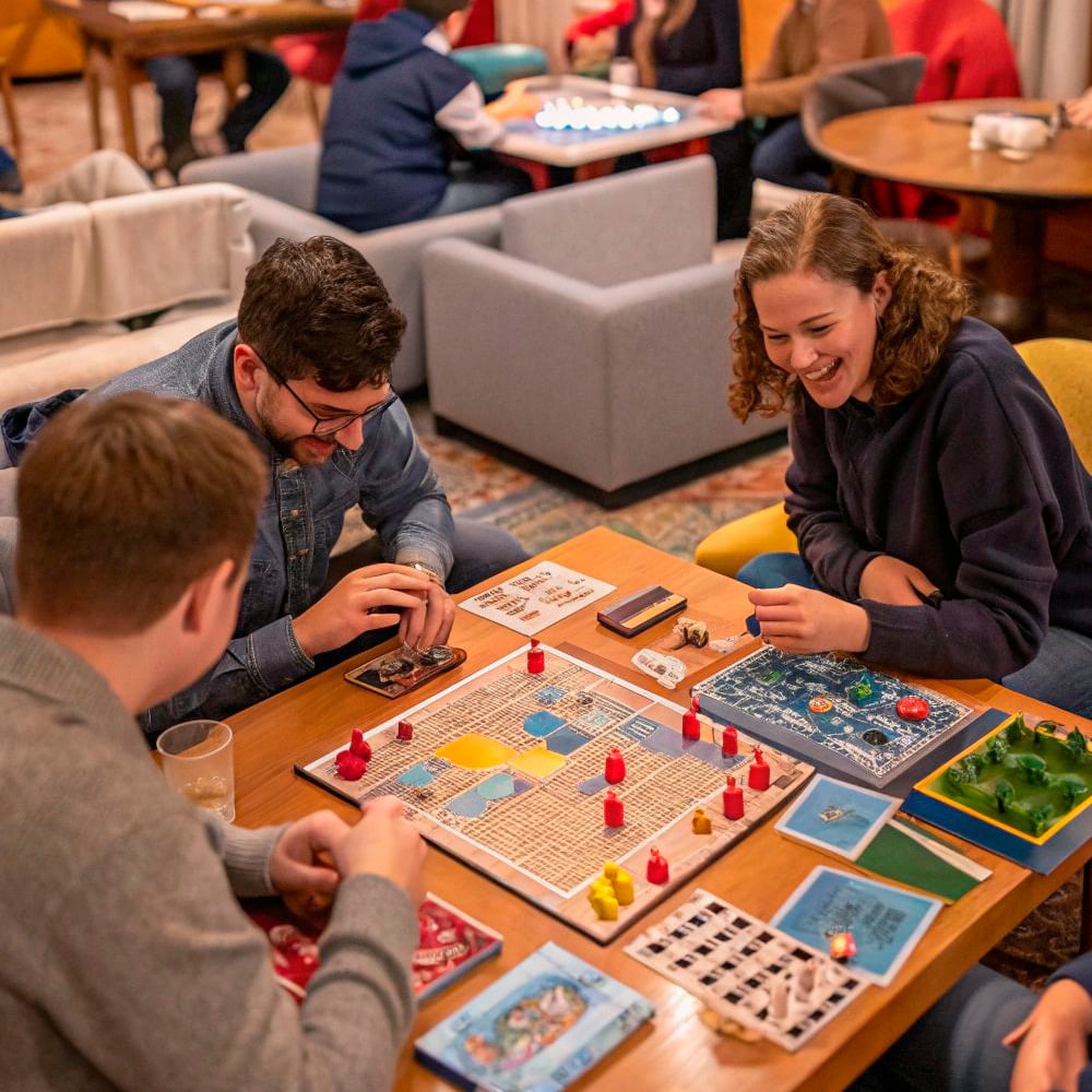 Three people sit around a table, laughing and playing a colorful board game. The room is cozy, with other groups in the background engaged in different games and conversations.