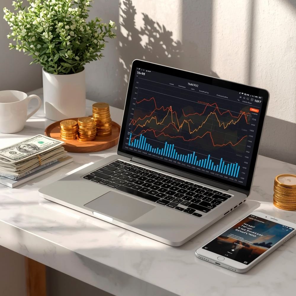 A laptop displaying colorful financial graphs sits on a marble desk next to stacks of coins, a pile of cash, a potted plant, a cup, and a smartphone showing a banking app. Sunlight streams in from the left.