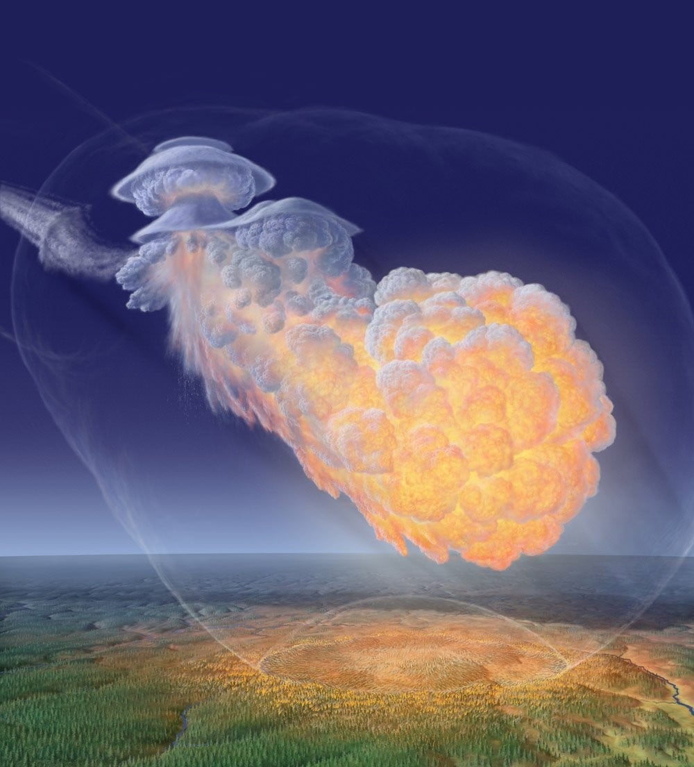A large explosion creates a fiery, mushroom-shaped cloud rising above a vast, green landscape under a blue sky, depicting a powerful impact or blast.