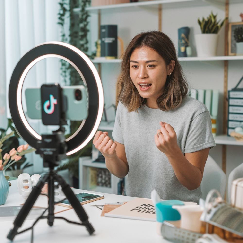 A woman sits at a desk recording herself with a smartphone on a tripod and ring light. She appears to be speaking enthusiastically for a TikTok video. The background includes shelves with books, plants, and decorations.
