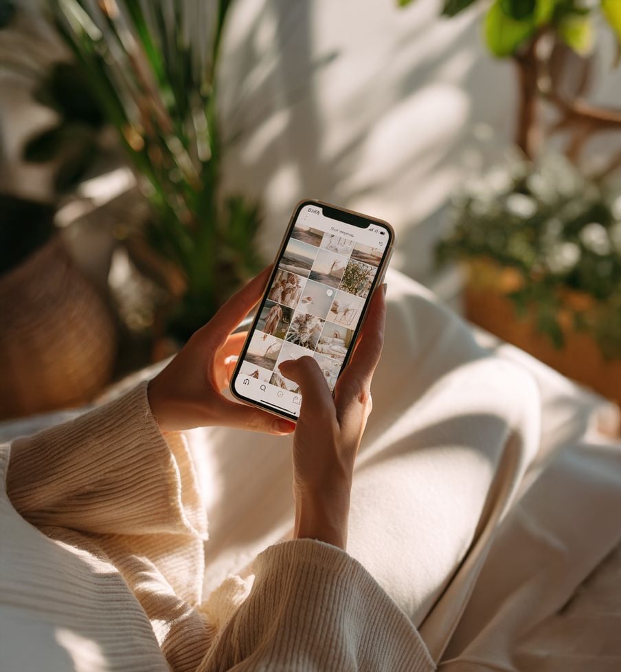 A person wearing a beige robe sits in sunlight, holding a smartphone and browsing a social media photo grid. Green houseplants and soft fabric are visible in the cozy background.