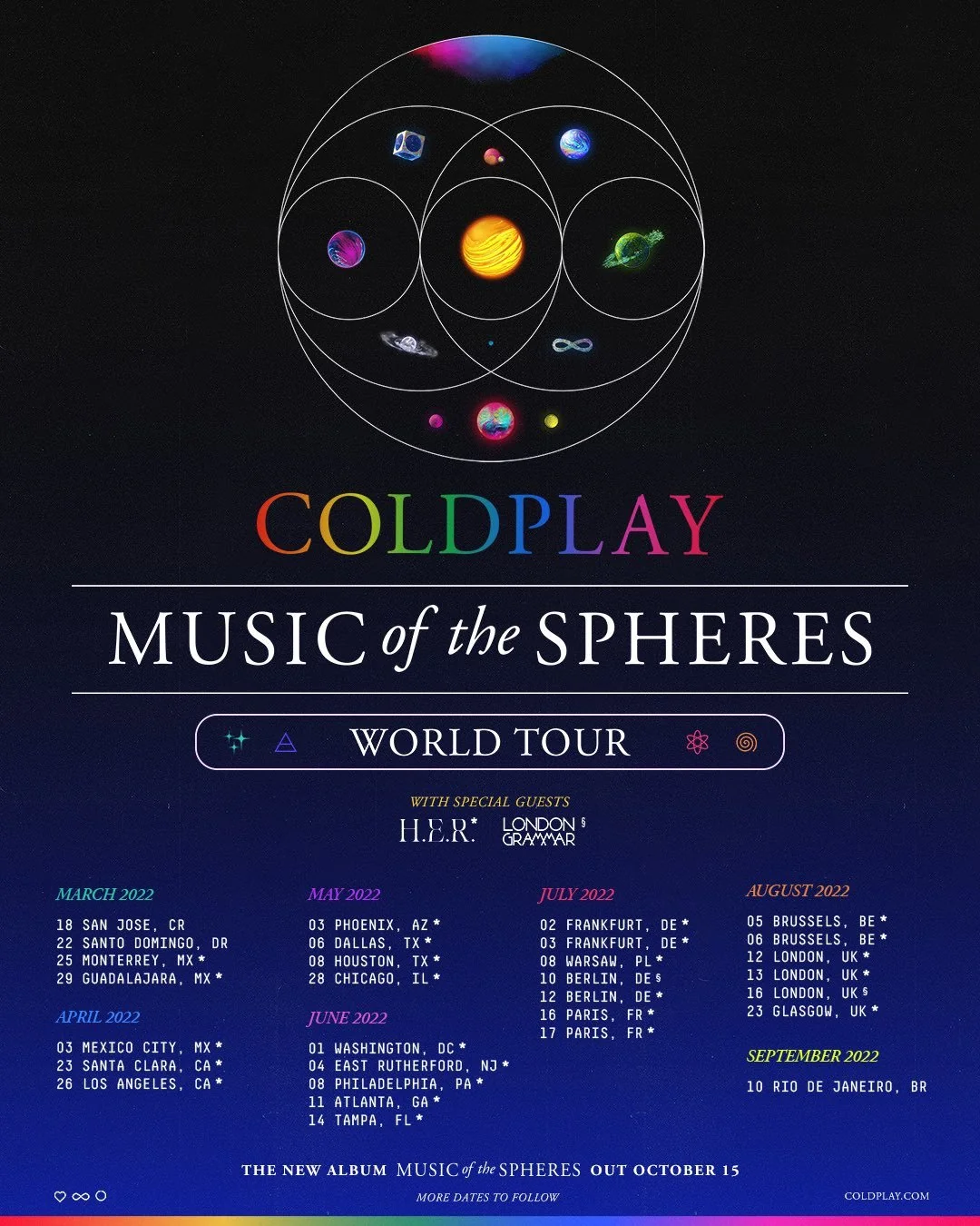 Poster for Coldplay’s “Music of the Spheres” world tour, featuring colorful planets and tour dates from March to September 2022, with special guests H.E.R. and London Grammar listed at the bottom.