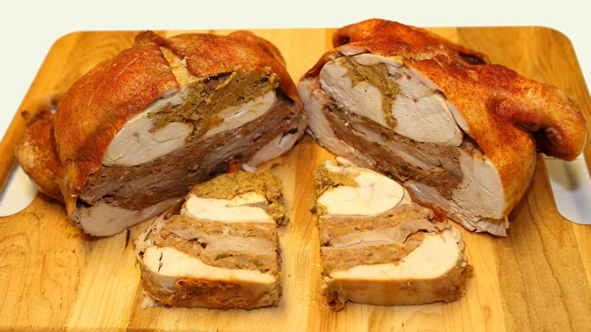A turducken—turkey, duck, and chicken layered with stuffing—is cut in half and placed on a wooden cutting board. Two thick slices are positioned in front of the halved roast, showing the stuffing and meat layers.