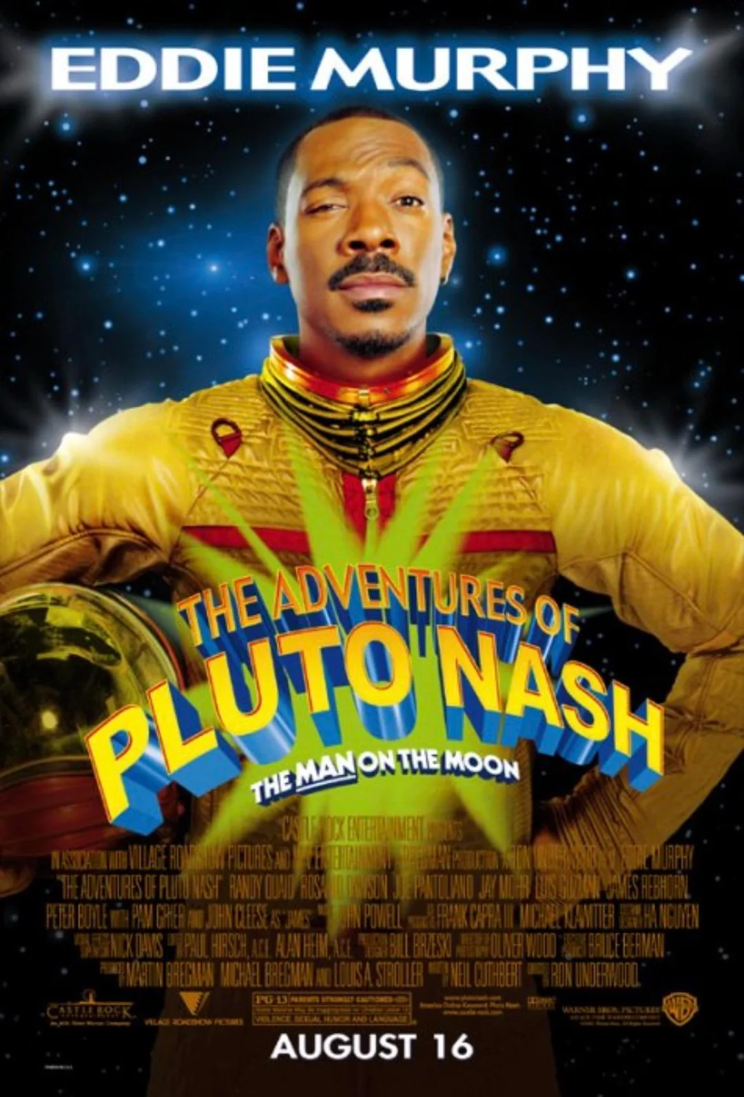 Movie poster for "The Adventures of Pluto Nash" featuring Eddie Murphy in a yellow spacesuit, holding a helmet, with a starry space background and bold, colorful title text. Release date: August 16.