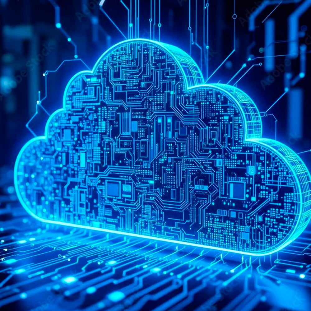 A glowing blue cloud-shaped icon filled with circuit patterns hovers above a computer motherboard, symbolizing cloud computing and digital technology.